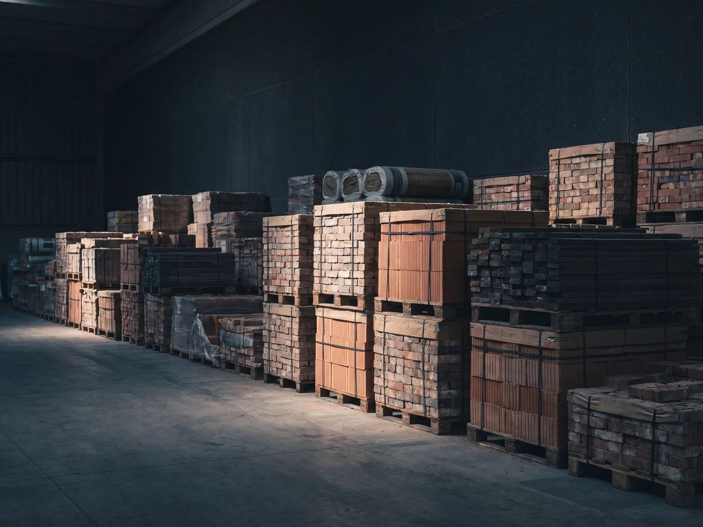 Banded pallets of premium surplus building materials bought direct from major developers, stacked and ready for delivery across Greater Manchester