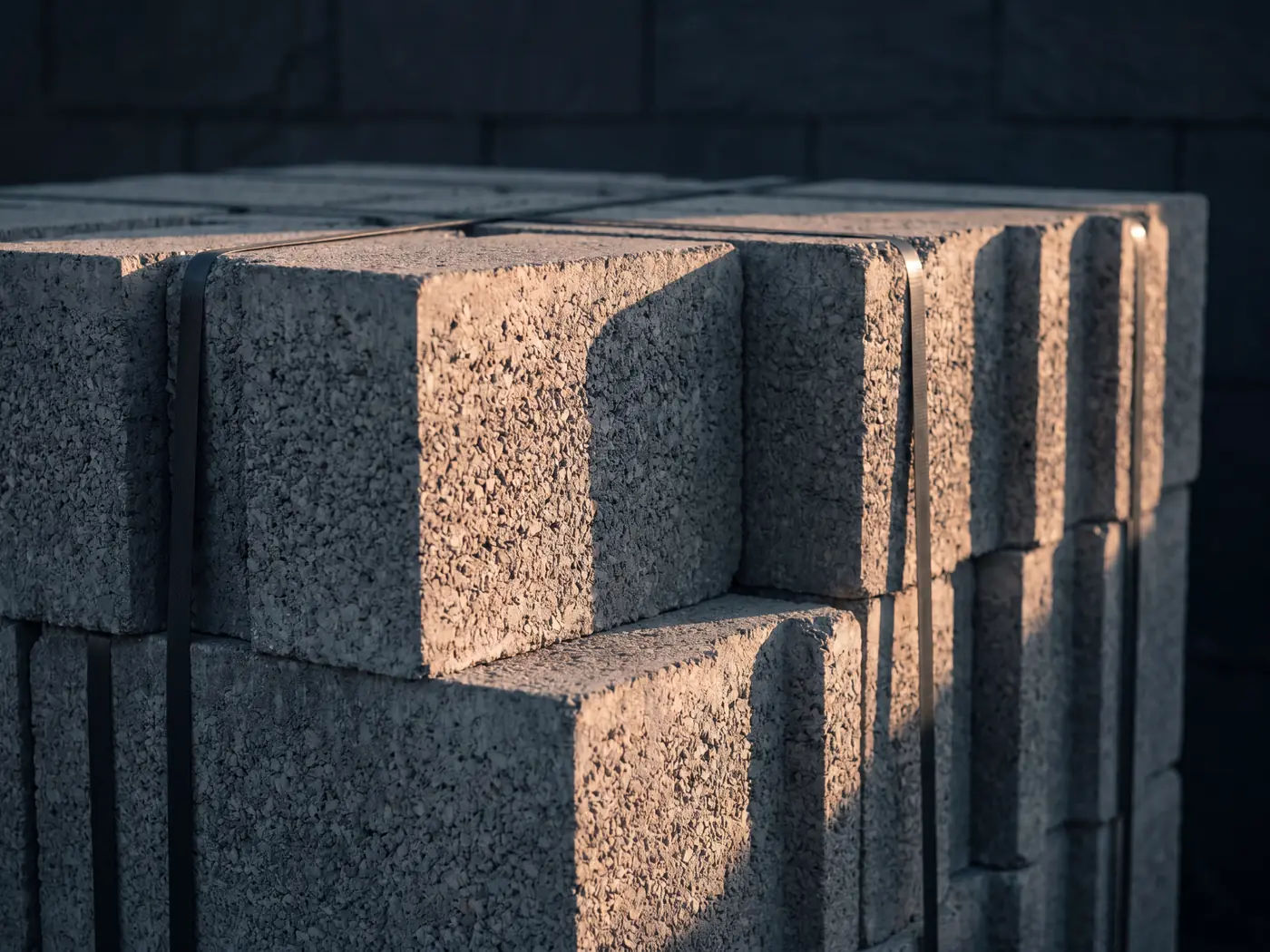 Banded packs of dense concrete blocks stacked on a pallet under low raking light, showing clean cast edges