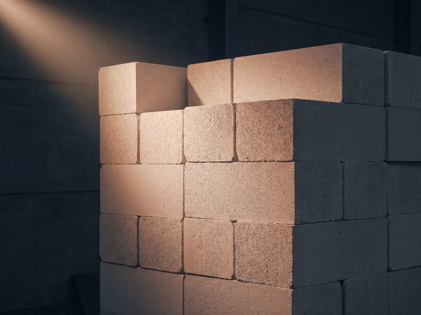 A banded pack of pale lightweight aerated Thermalite blocks, fine cellular texture catching soft side light