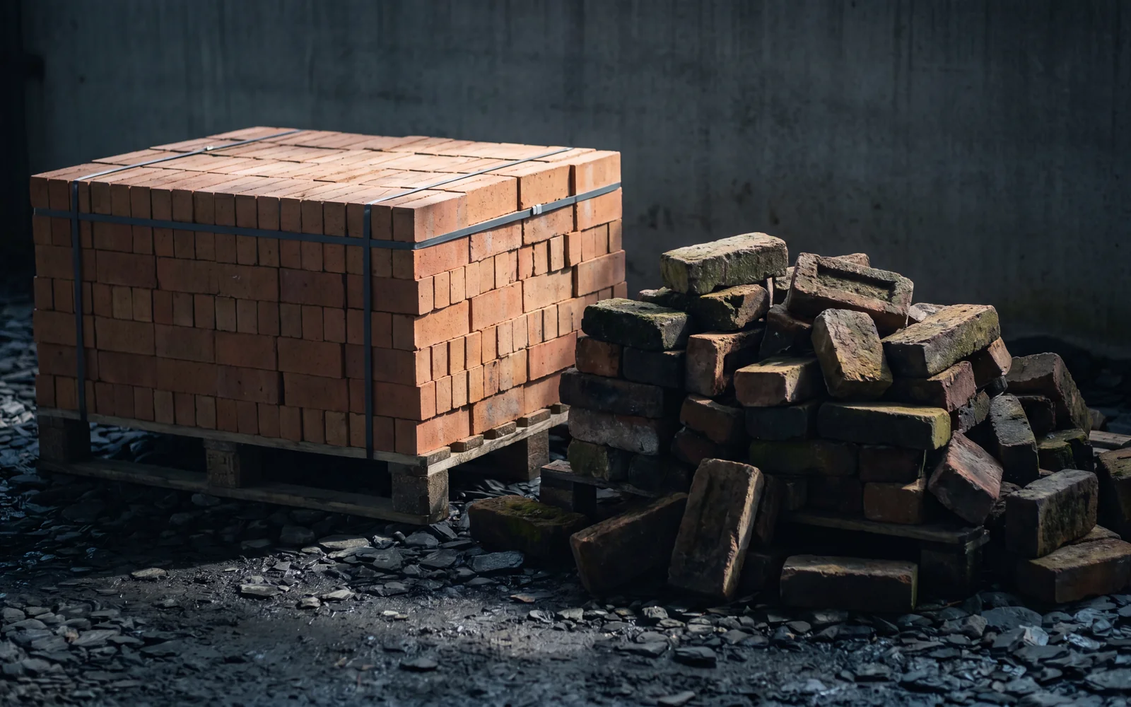 A banded pallet of new red bricks beside a loose pile of weathered reclaimed bricks on a concrete yard floor