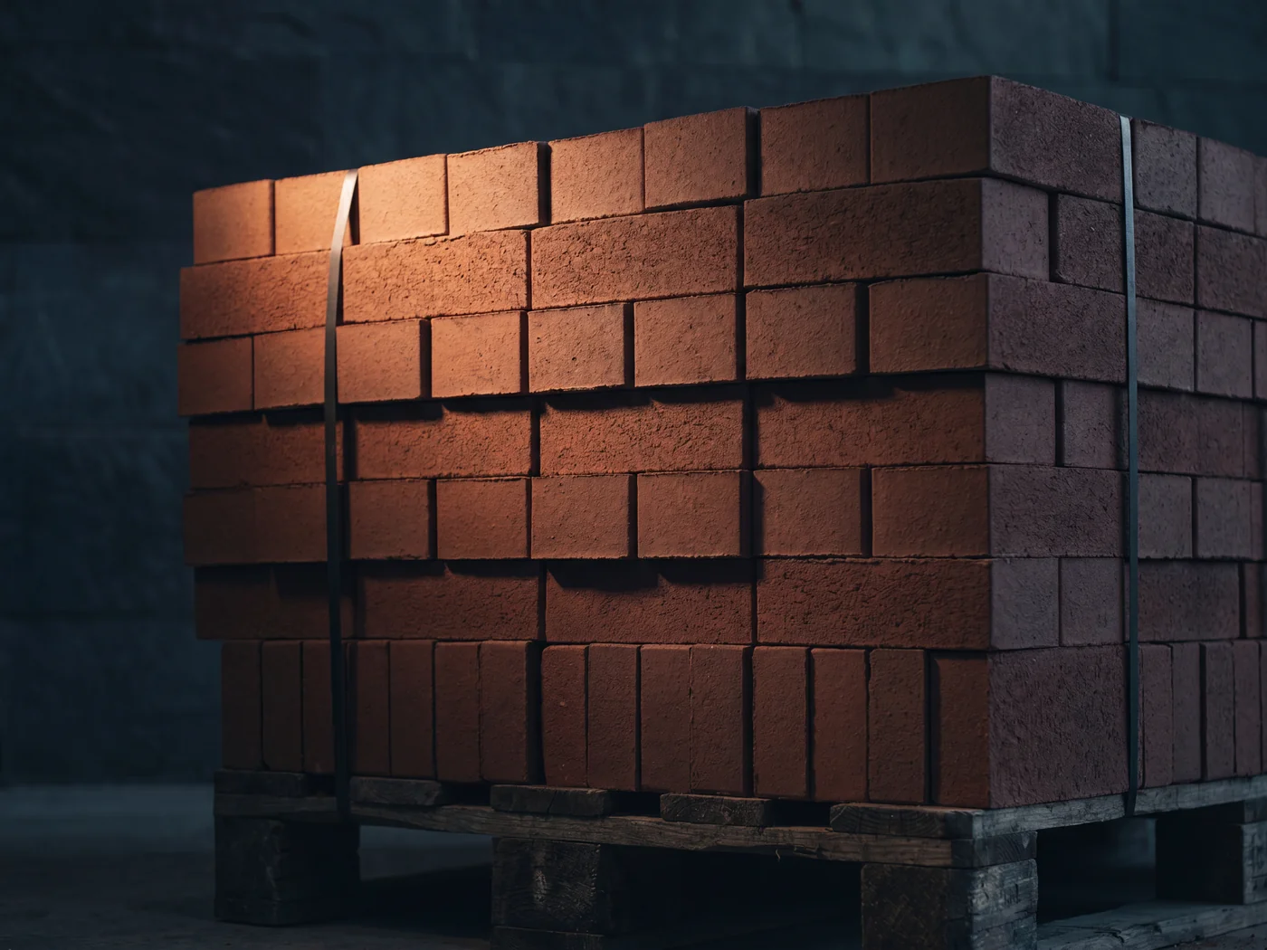 Stacked packs of new 65mm facing bricks under raking light, showing clean edges and even colour