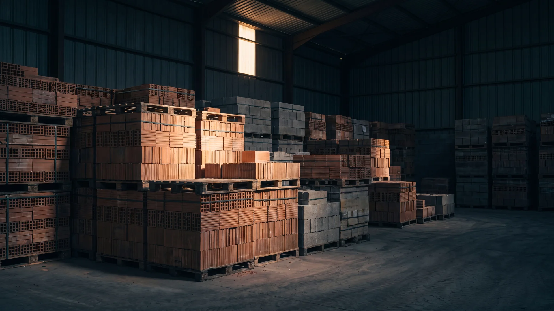 Stacked pallets of premium surplus bricks under dramatic low light, ready for delivery across Greater Manchester