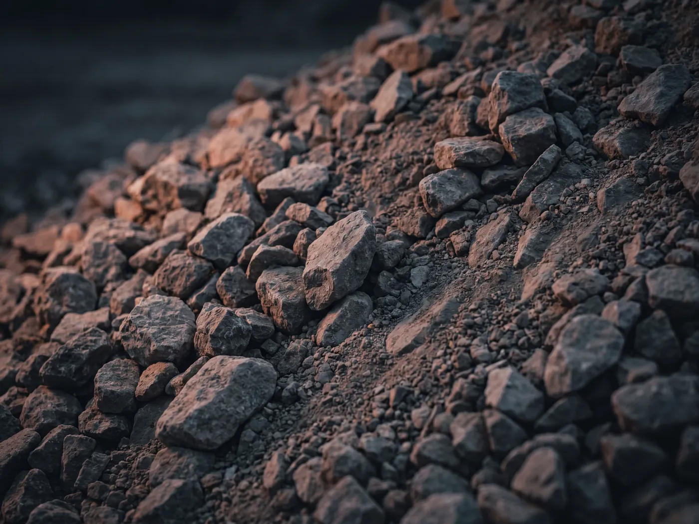 Close up of a heap of crushed stone aggregate, angular grey and reddish stone with fines