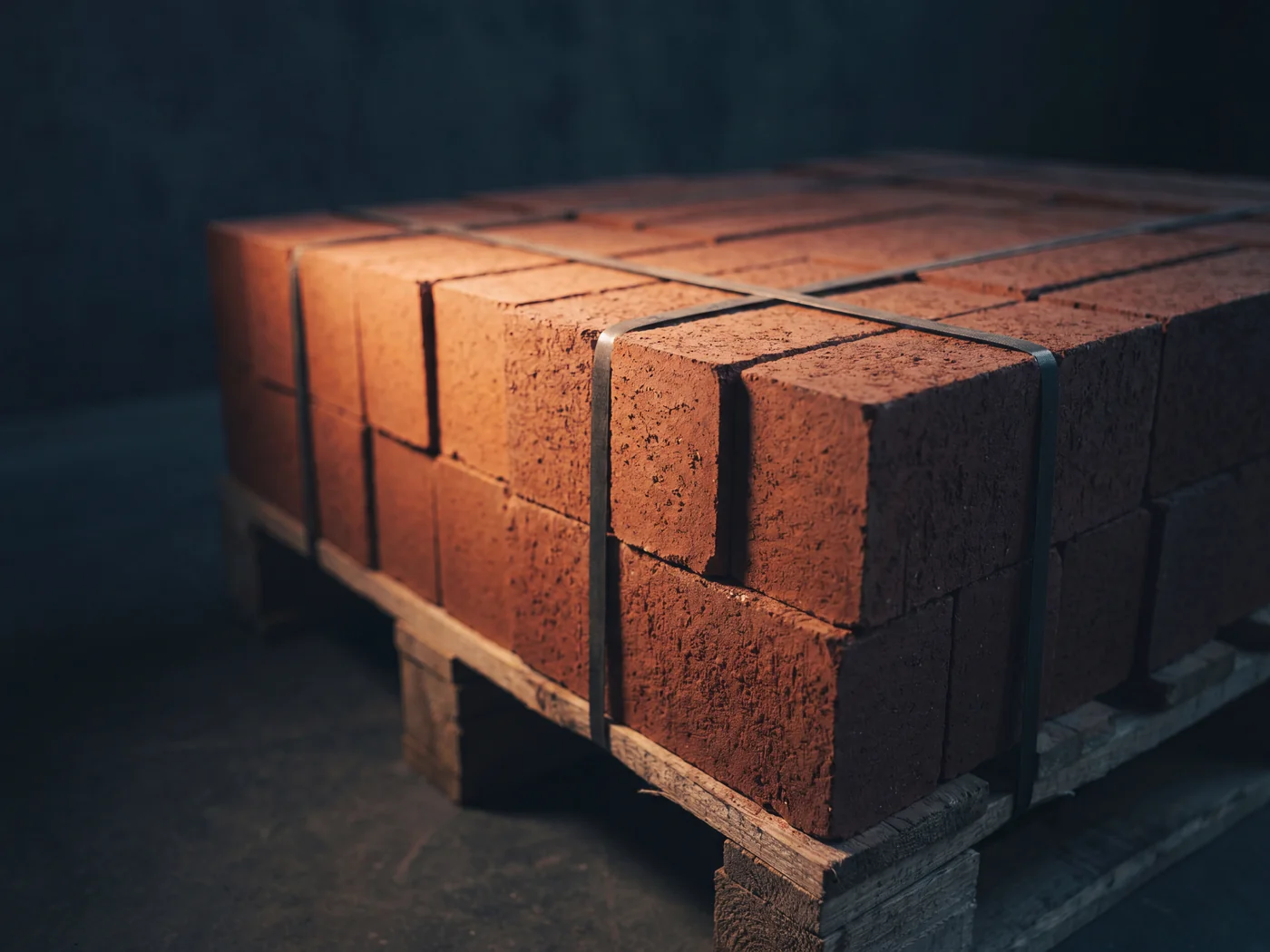 A banded pack of new 65mm facing bricks on a wooden pallet under warm raking light, showing clean edges and even colour