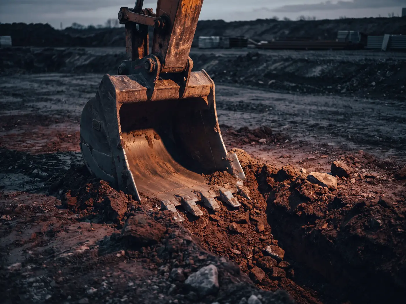 An excavator digging foundations on a prepared Manchester building site under heavy overcast light