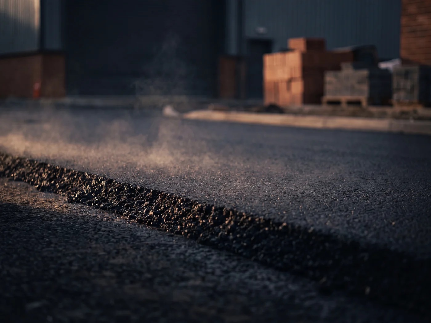 A freshly laid tarmac driveway with clean compacted edges and an even matte black surface